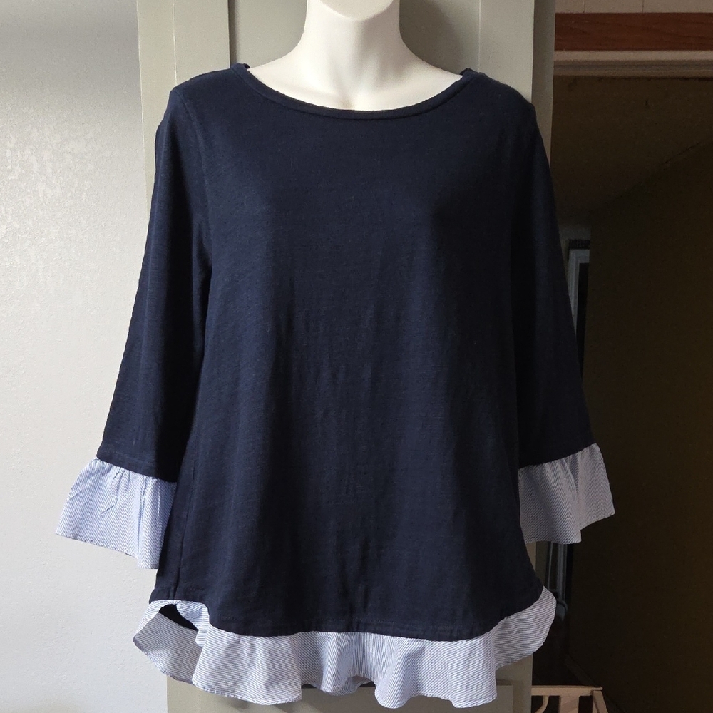 LOFT Dark Blue Blouse with Ruffle Trim